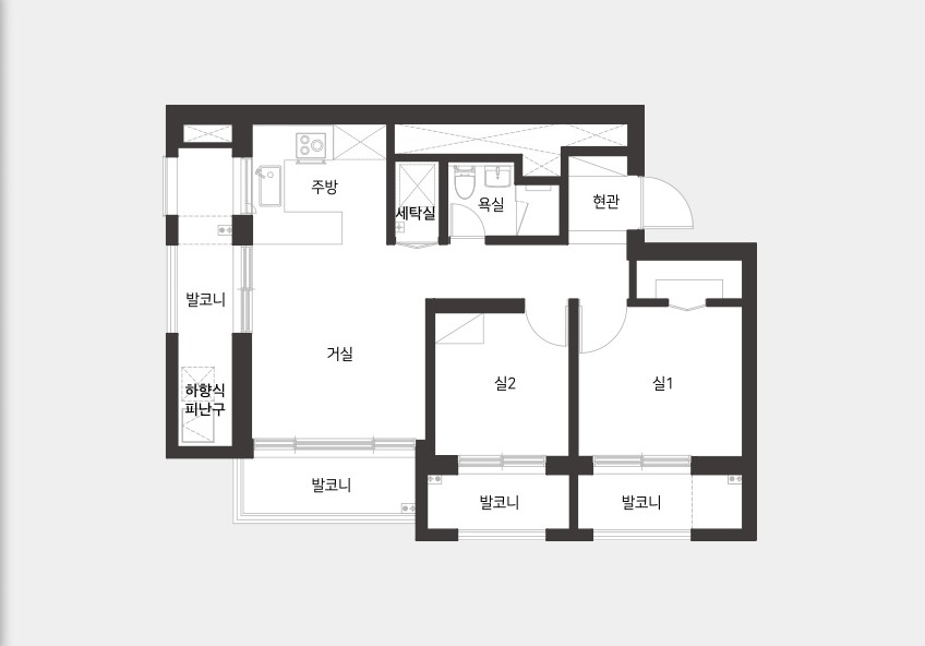 전용 59㎡C 평면도 — 거실, 주방, 방 2개, 욕실, 세탁실, 발코니